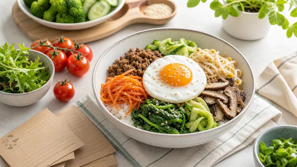 A fresh home-cooked rice bowl with vegetables and an egg